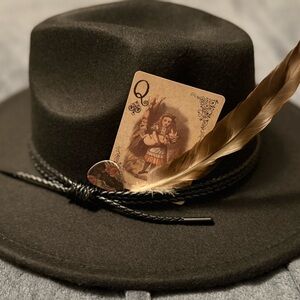 Black Wool Fedora Hat with Decorative Feather and Card